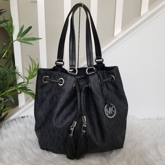 MICHAEL Michael Kors Handbags - MICHAEL KORS BLACK MONOGRAM CONVERTIBLE TOTE BUCKET BAG TASSEL